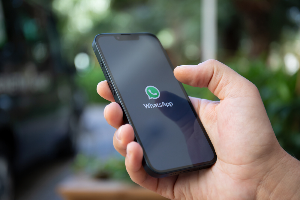 Alanya, Turkey - September 27, 2022: Man hand holding iPhone 14 with social networking service messenger WhatsApp on the screen.